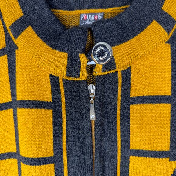 Vintage Poulrok Womens Large Sweater Jacket Knit Full Zip Yellow Black Rose Wool - Picture 11 of 13